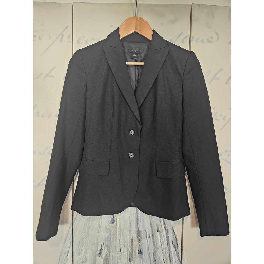 Ann Taylor Womens Black Wool Blend Two Button Tailored Blazer Jacket Size 0